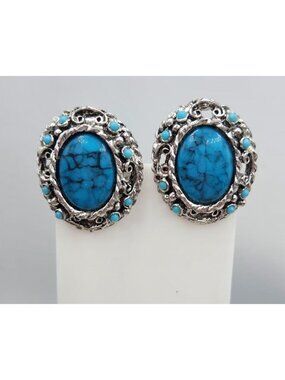Silver-Tone Clip-On Earrings With Blue Faux Turquoise Cabochon & Filigree Detai